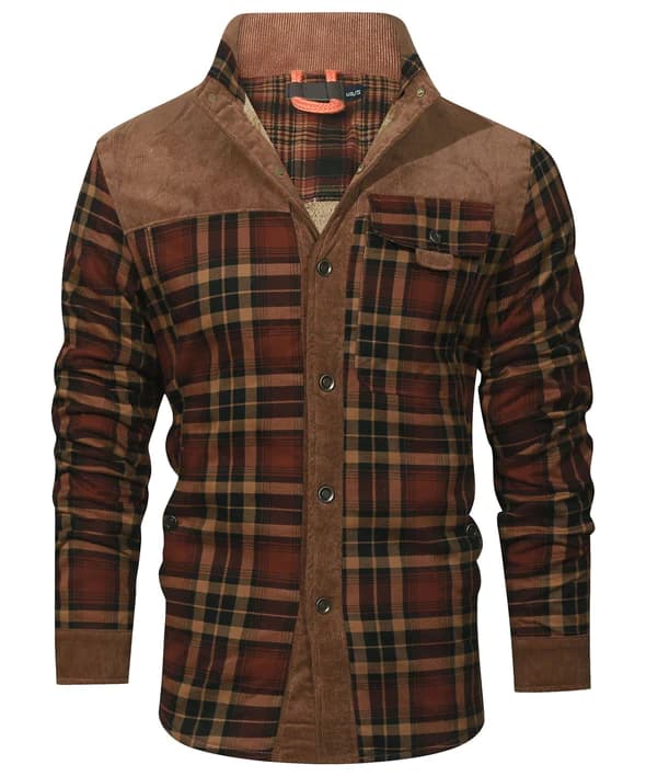 Brown and red jacket look